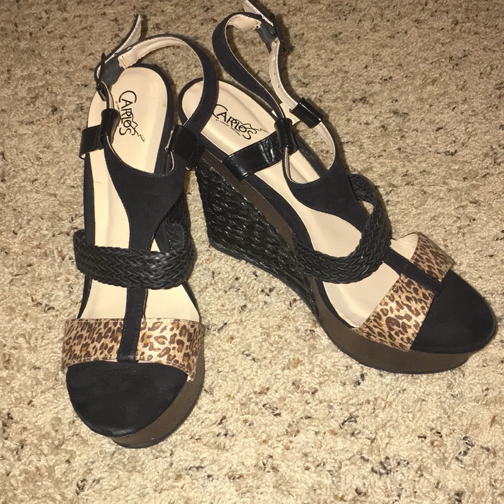 Black and leopard print strapped wedges